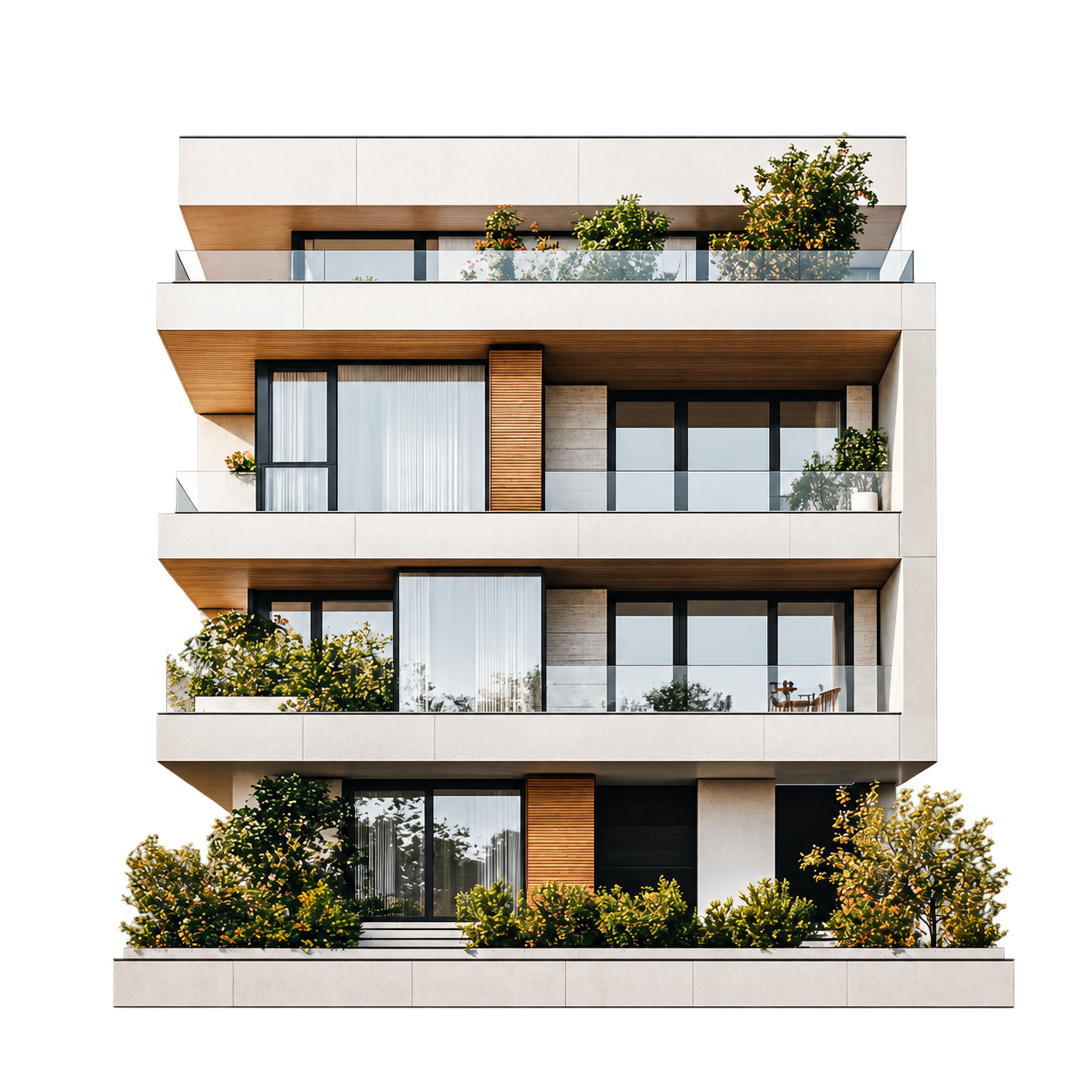 Four-storey stone and timber apartment building with planted balconies against a plain background