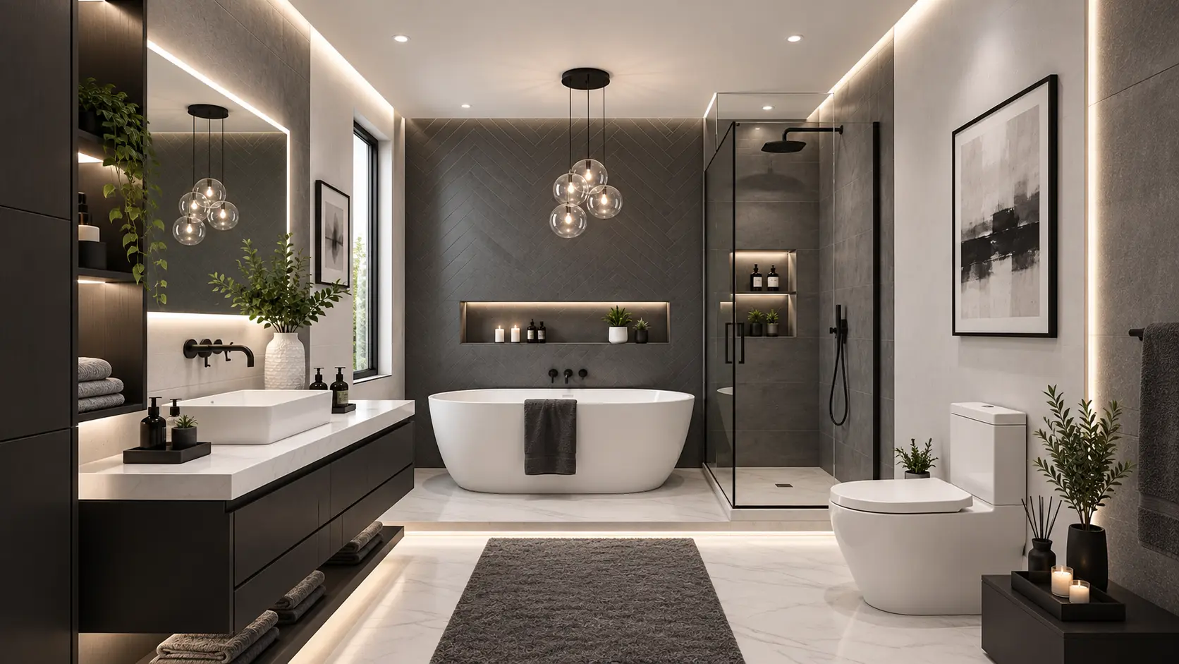 Bathroom with a freestanding tub, stone wall and a glazed walk-in shower