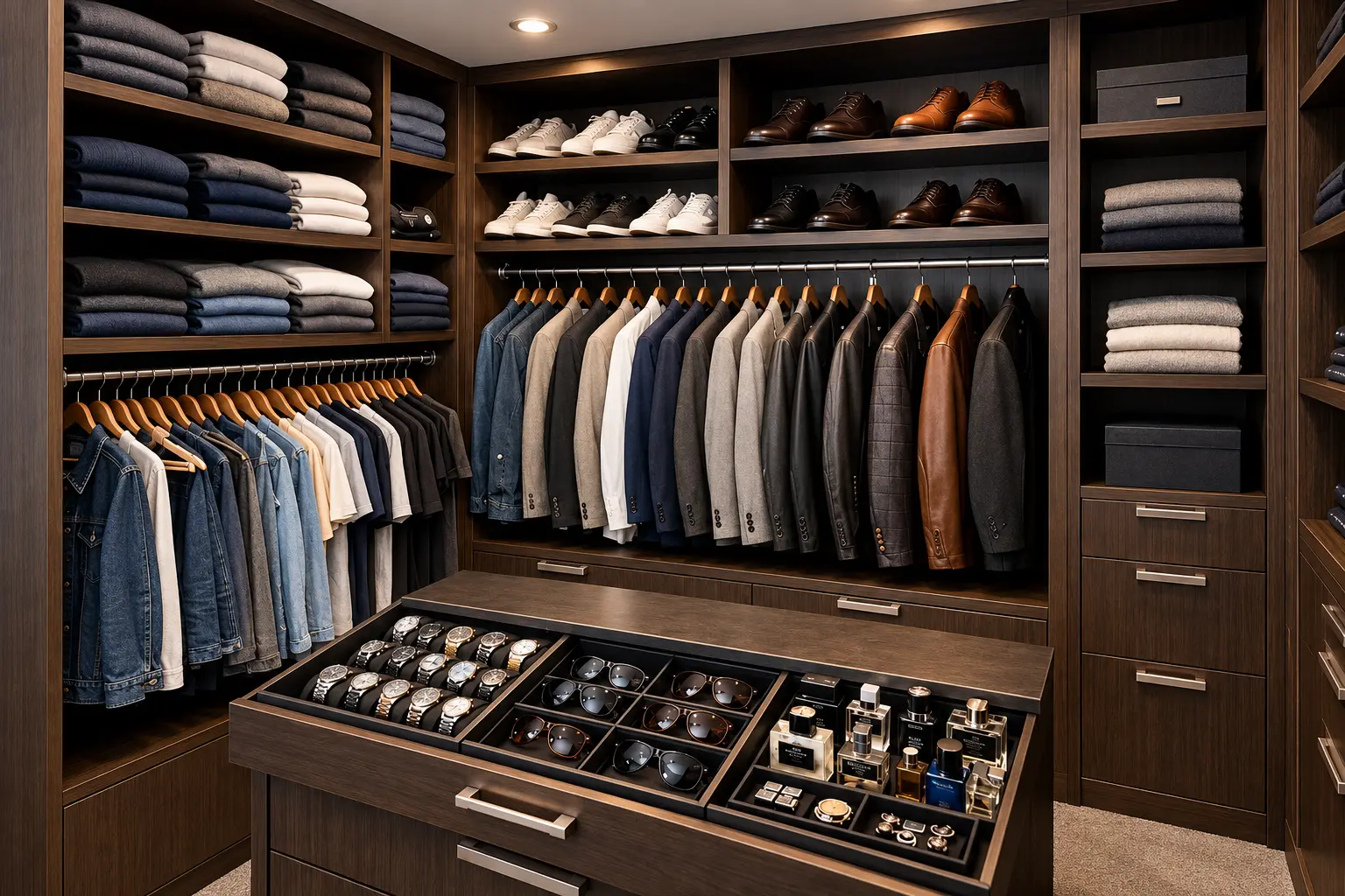 Walnut dressing room with an open island drawer of watches, glasses and fragrance