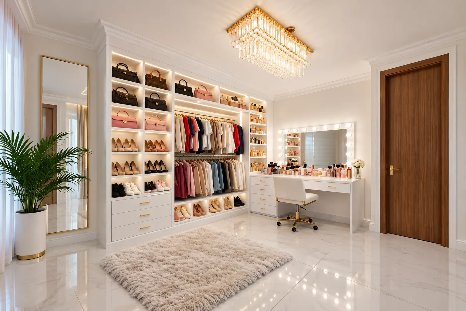 Dark timber dressing room with lit shelving, a vanity and a crystal ceiling light