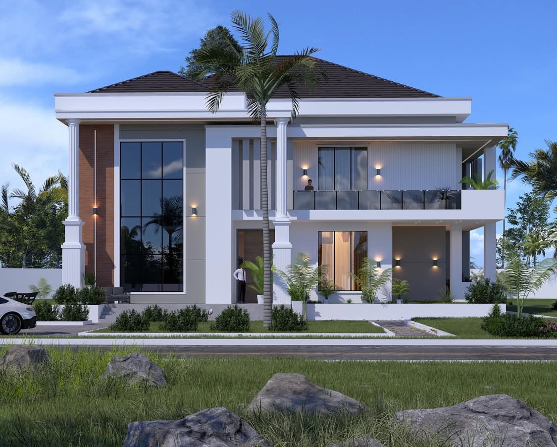 Modern house with brick and rendered walls, a tall glazed bay, balcony and a mature palm in a landscaped front garden