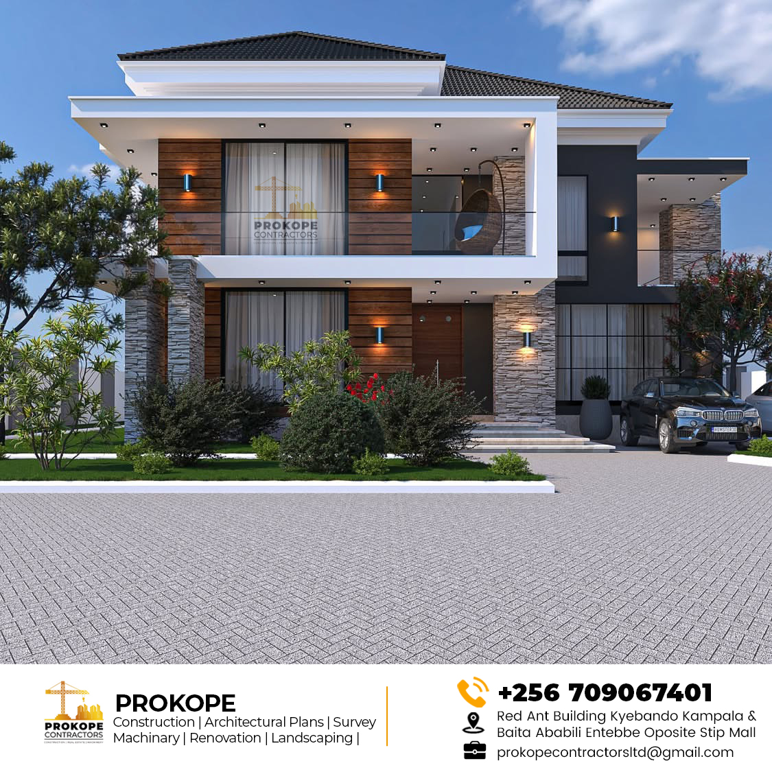 Two-storey home with stone piers, timber-panelled walls, deep balconies, wall lighting and a paved driveway with cars