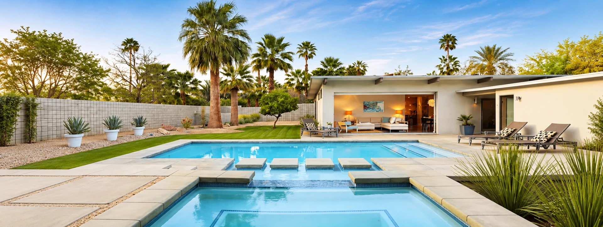 Renovated single-storey home opening onto a swimming pool terrace with stepping pads, lawn and palm trees