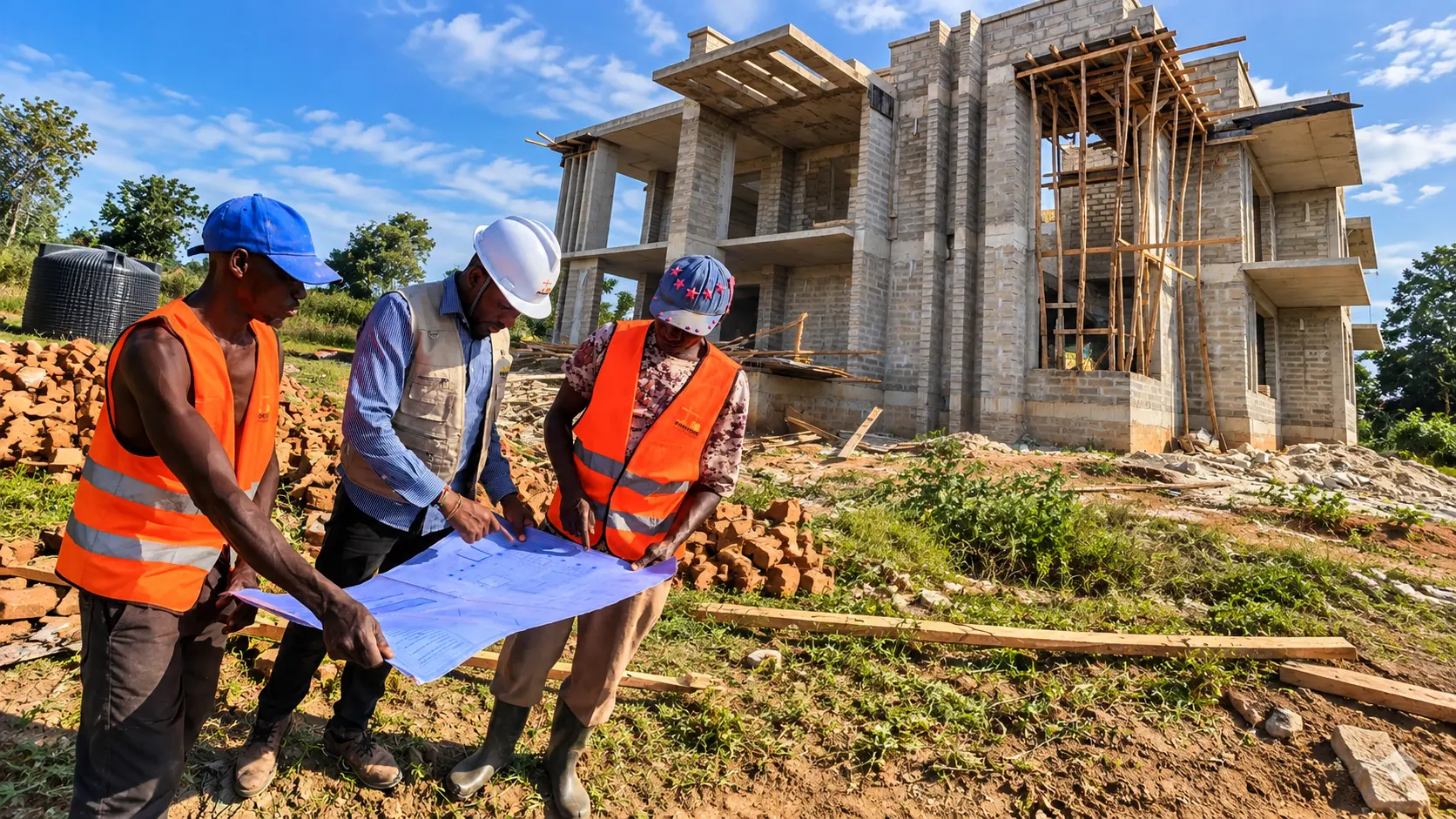 Three Prokope site workers in high-visibility vests reading a drawing in front of a concrete and brick frame under construction