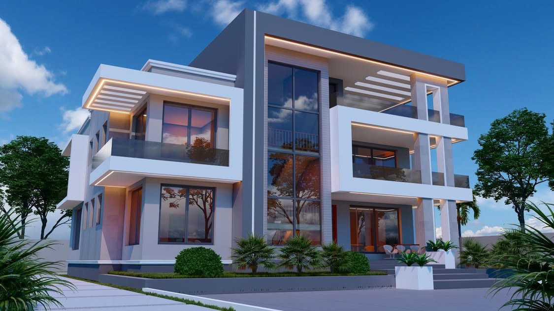 Contemporary white residence with a full-height glazed corner, deep balconies, concealed lighting and palms at the base