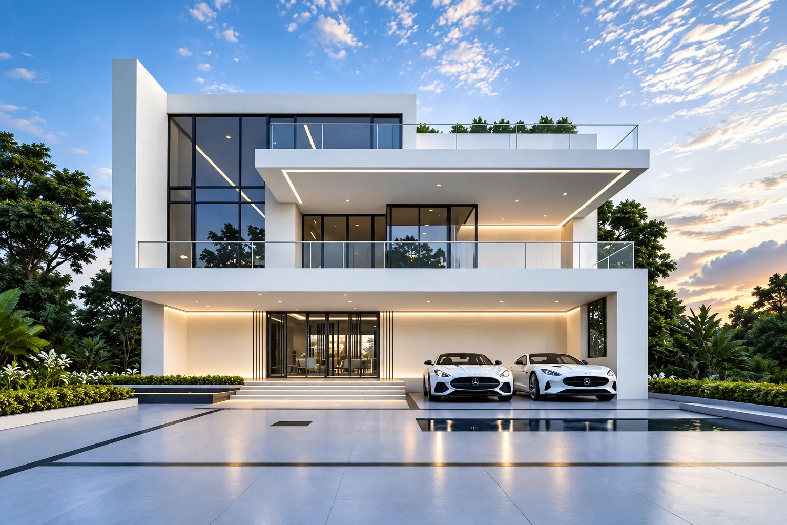 White cantilevered villa at dusk with a reflecting pool forecourt and two cars in the covered porte-cochere