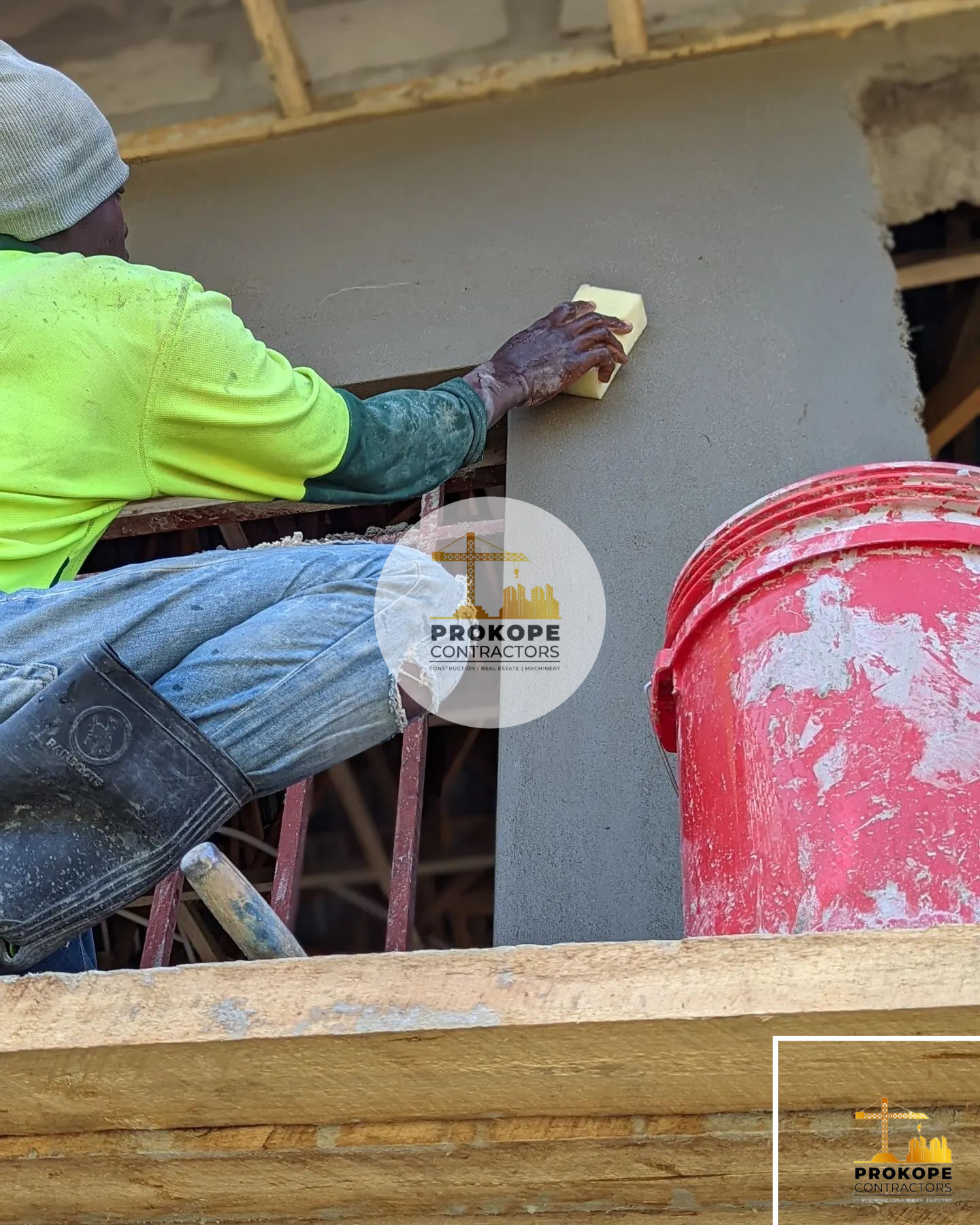 Close view of a worker sponge-floating fresh grey render on a wall next to a red mortar bucket