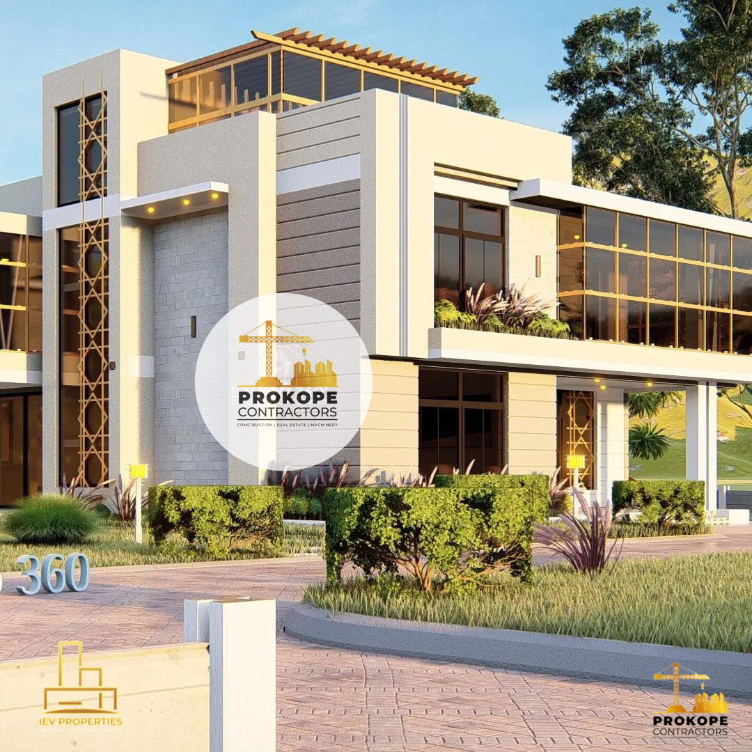 Modern cream and stone clubhouse with bronze decorative screens, glazed upper floor, pergola terrace and landscaped forecourt