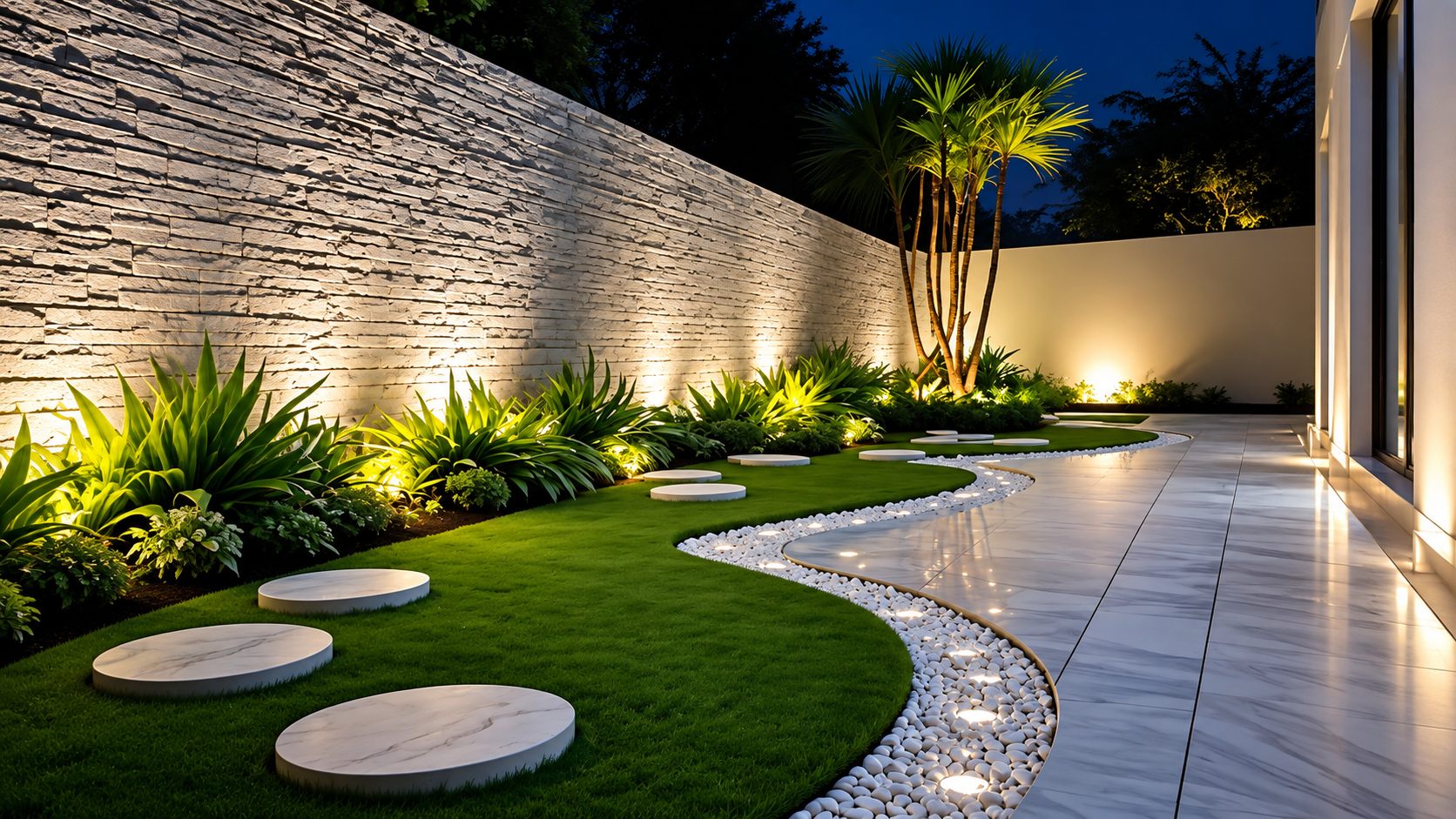 Night garden with a lit stone wall, marble stepping discs on lawn, white pebble edging and palms