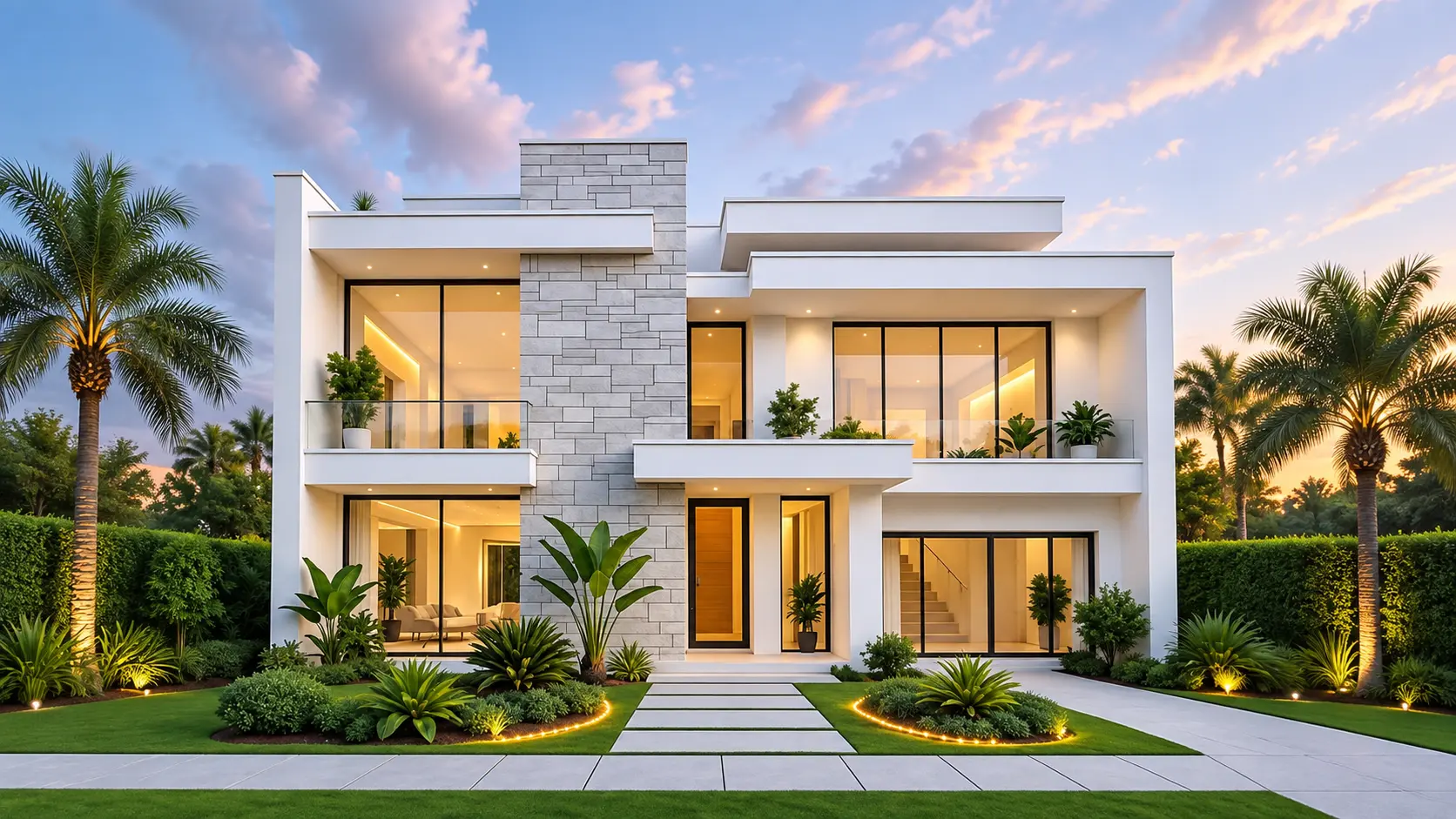 Contemporary two-storey private residence in white render and stone at dusk, with palms and a lit stone pathway