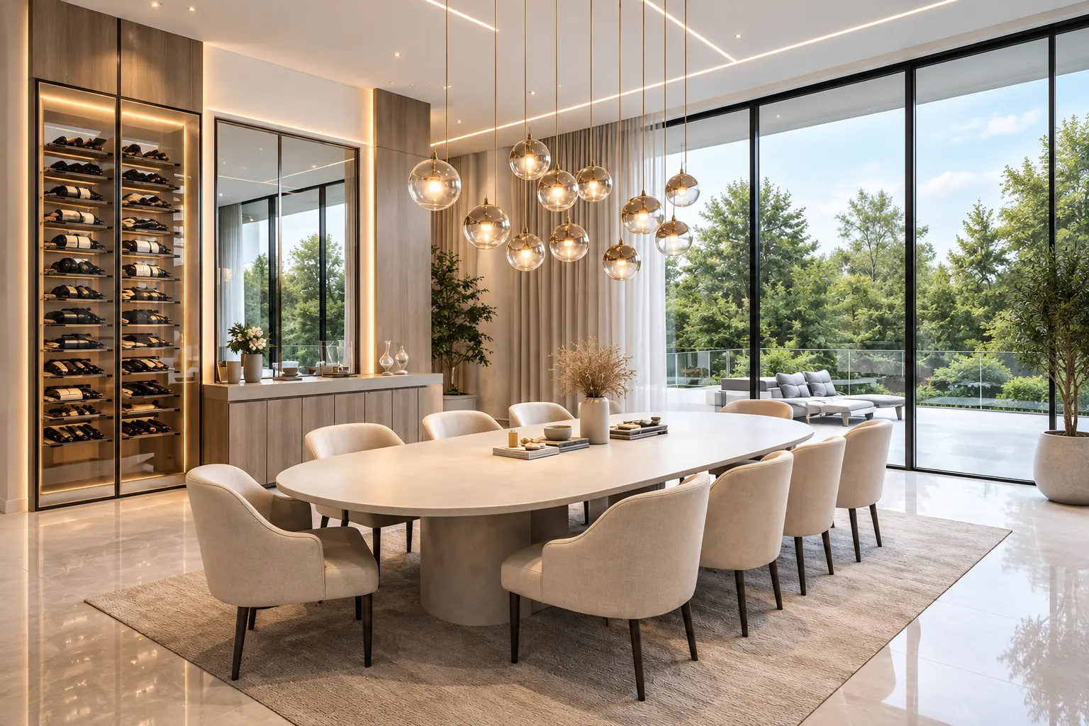 Dining room with an oval stone table, glass globe pendants and an illuminated wine display