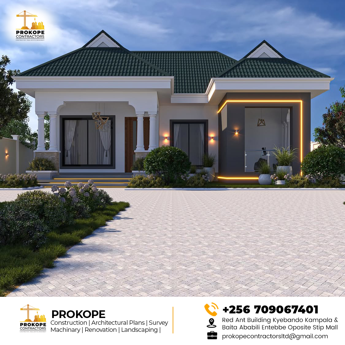 Single-storey house with a dark green tiled roof, white columns, a lit dark feature bay and a wide paved forecourt