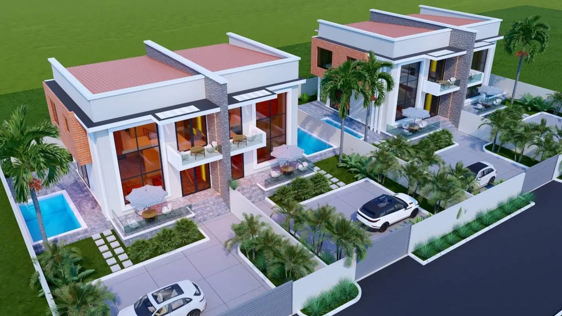 Aerial view of paired modern townhouses with tiled roofs, private swimming pools, terraces, palms and parked cars