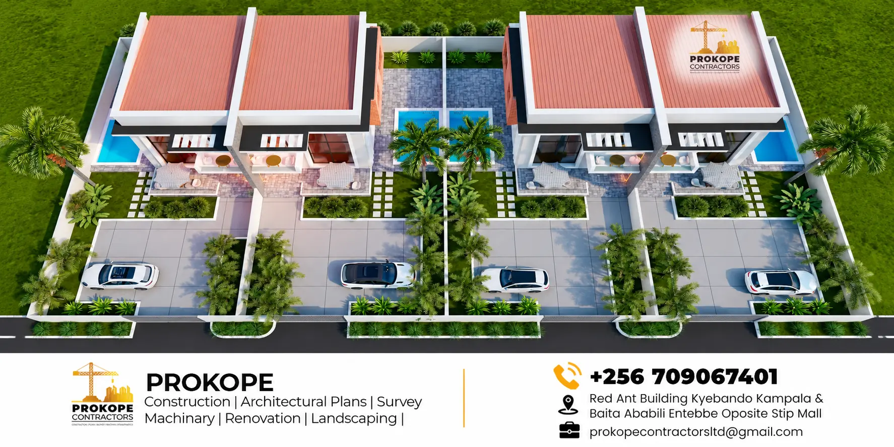 Aerial view of a paired villa development with pools, palm courtyards and private driveways