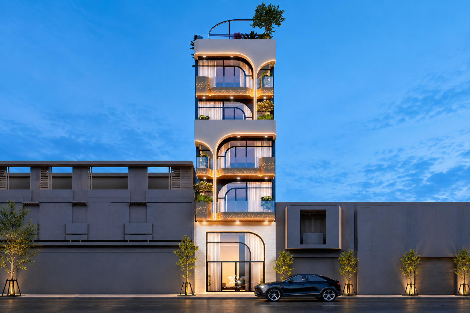 Narrow city residence at blue hour with warmly lit interiors, curtained glazing and planted balconies